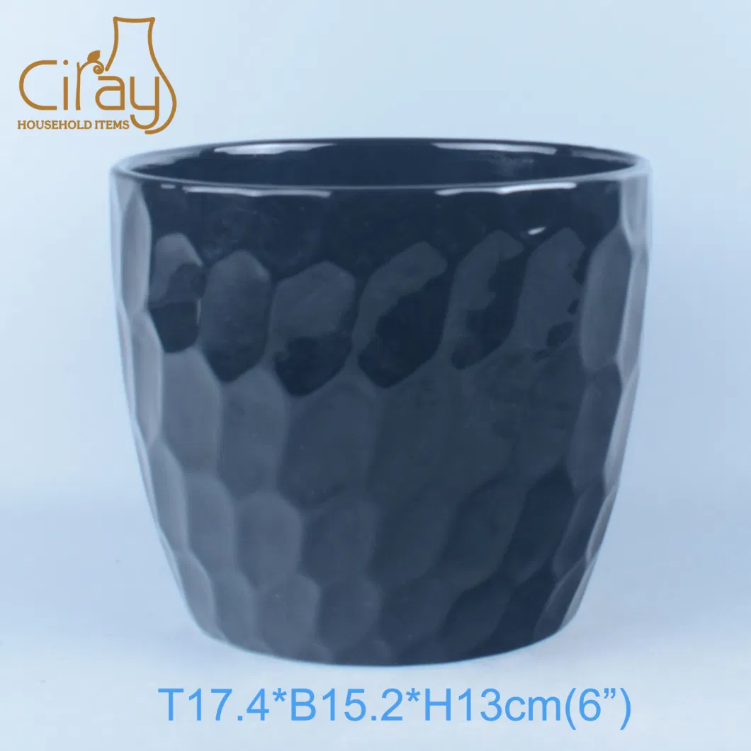 6 Inch Embossed Gloss Black Ceramic Pot for Succulent