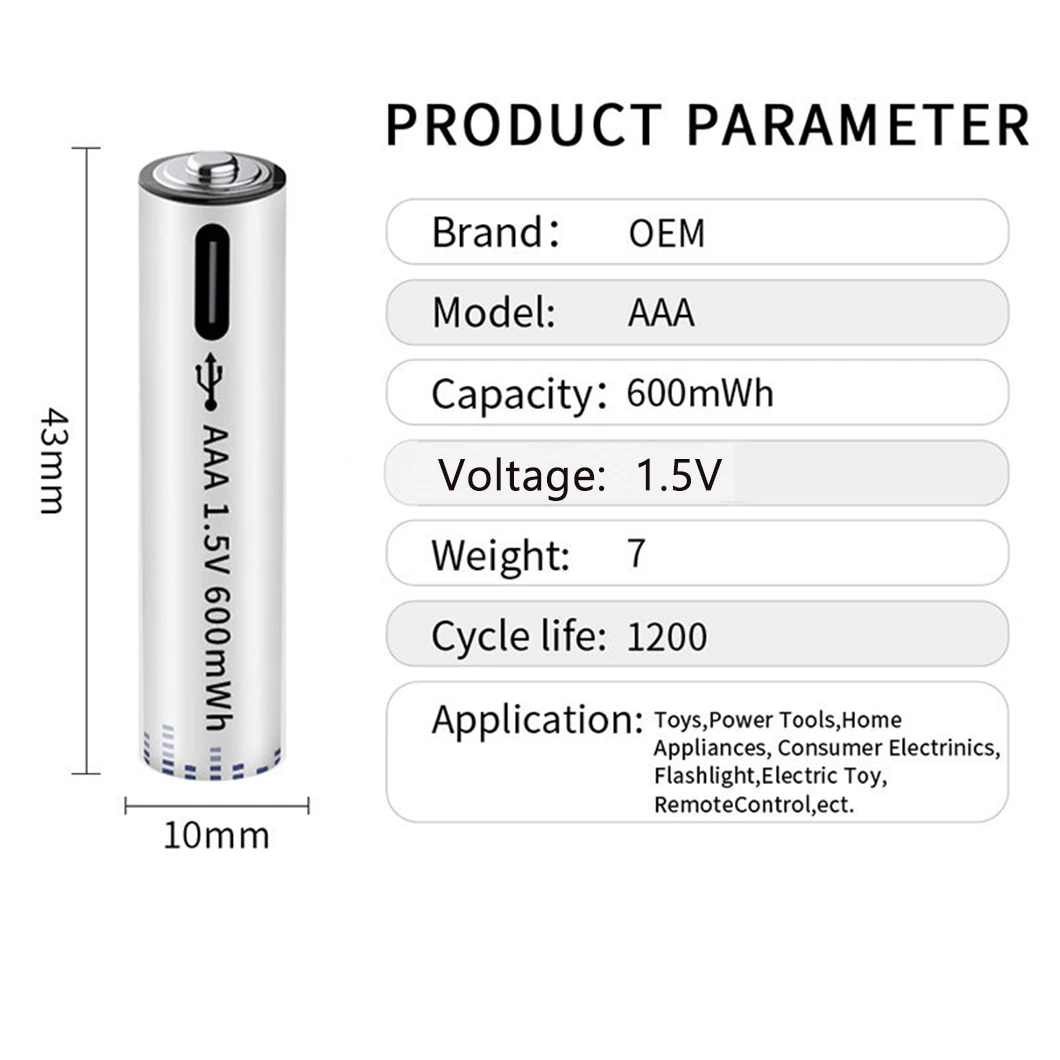 Portable1.5V 600mwh AAA USB Rechargeable Charging Battery Type-C Port AAA USB Rechargeable Batteries