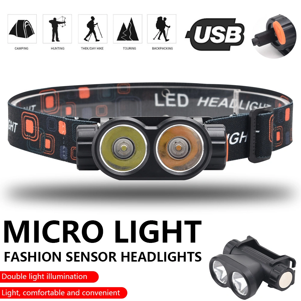 Double LED Headlamp Portable Head Lamp USB Charging Builit-in Battery Magnet Headlight