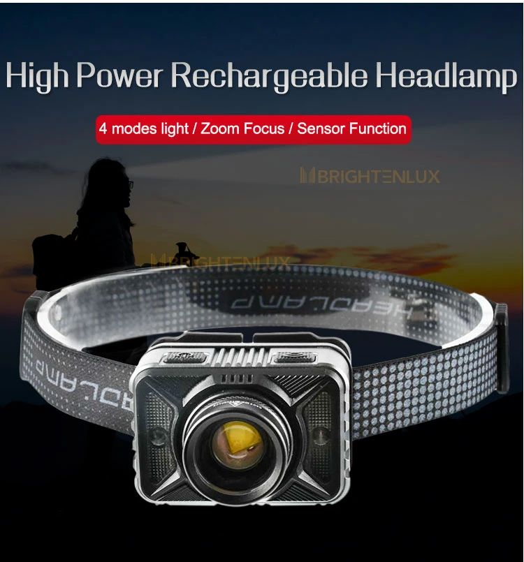 Brightenlux Factory Wholesale 4 Lighting Modes Zoomable USB Charging Sensor Function LED Headlamp for Fishing