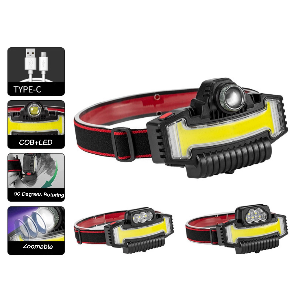 Red Blue Warning Flashing COB Rechargeable Headlamp with 5 Modes for Outdoor Emergency Inspection Adjustable Waterproof LED Headlight