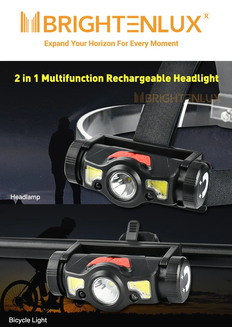 Brightenlux Hot Sale USB 2 in 1 Multi-Functional Portable Rechargeable COB LED Bicycle Hunting Camping Tactical Mini Headlamp