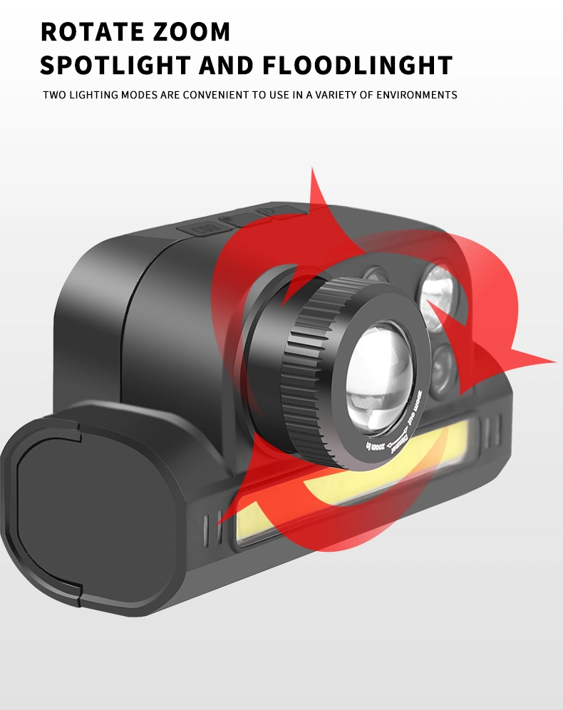 XPE+COB Induction Built-in Battery Type-C Magnet Sensing Output Fishing Running Warning Rechargeable LED Lights Headlamp