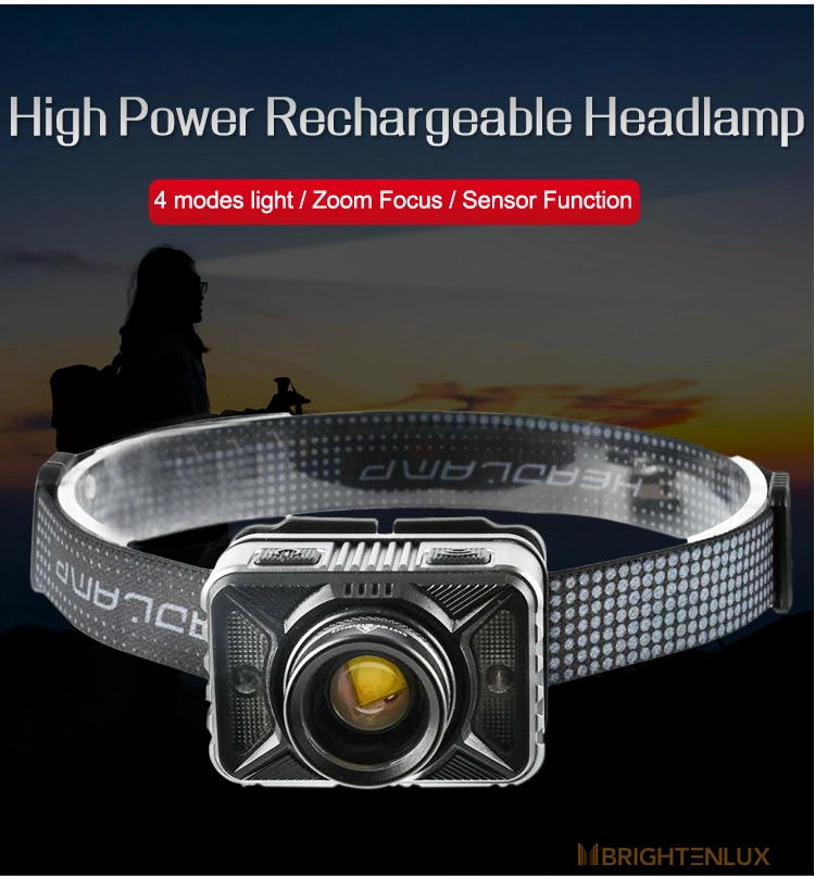 Brightenlux Logo Printing Adjustable Super Power USB Charging Long Range LED Headlamp with 4 Modes Light