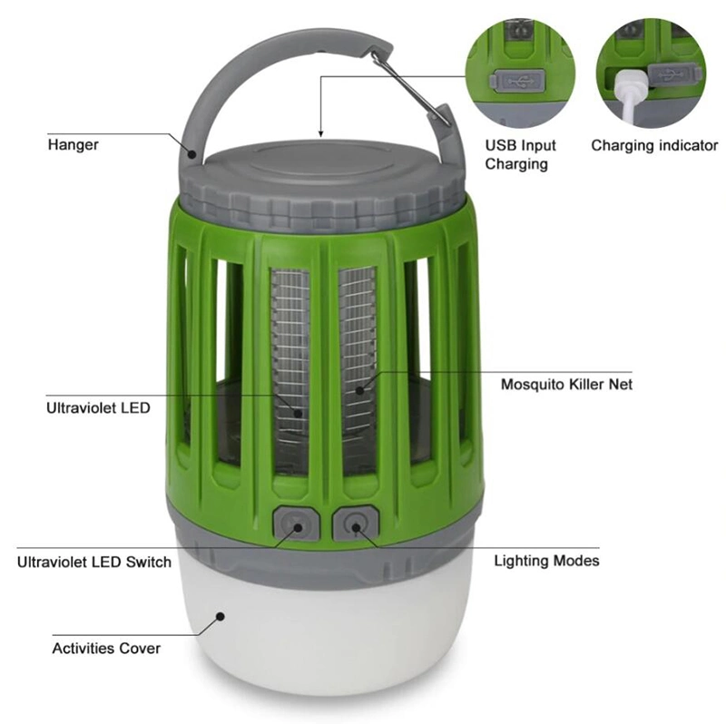 2 in 1 USB Rechargeable LED Mosquito Killer Light with 360-400nm UV Mosquito Zapper Camping Lighting for Outdoor LED Emergency Camping Tent Lamp