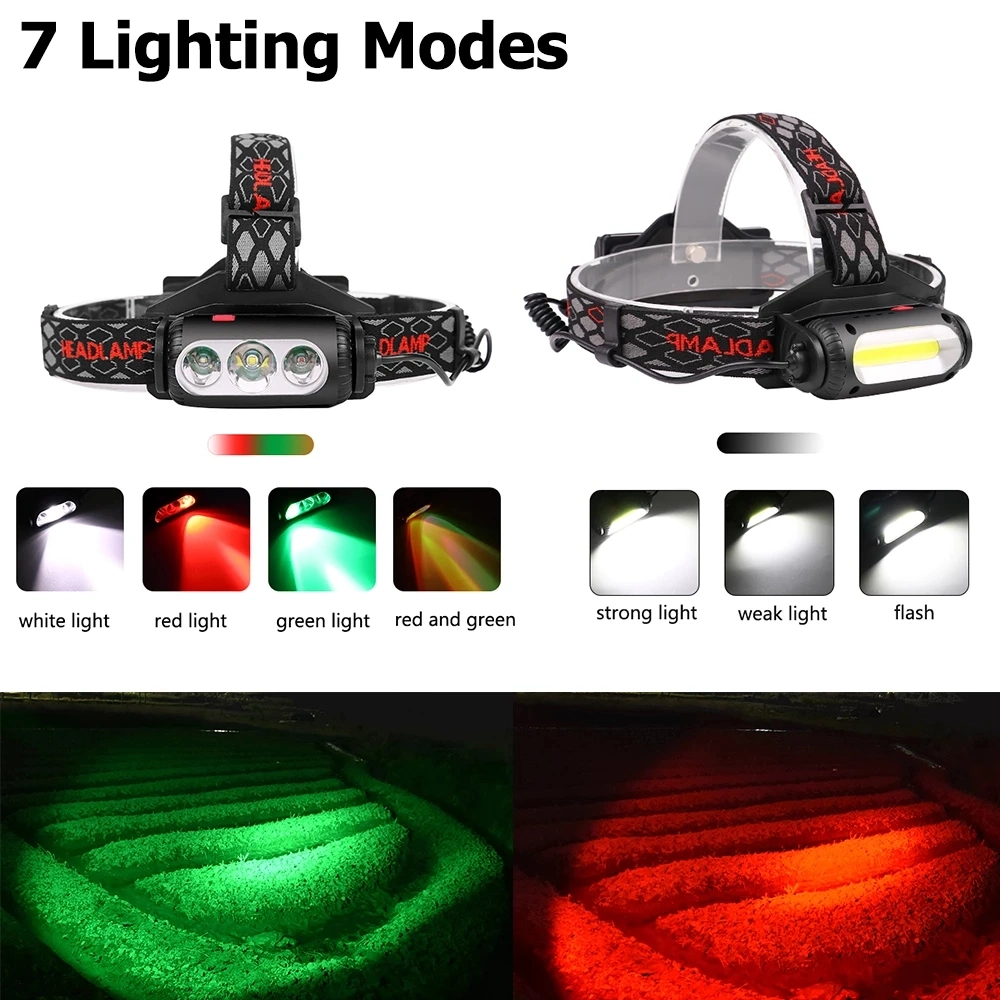 Double-Sided LED+COB Headlight USB Rechargeable Headlamp