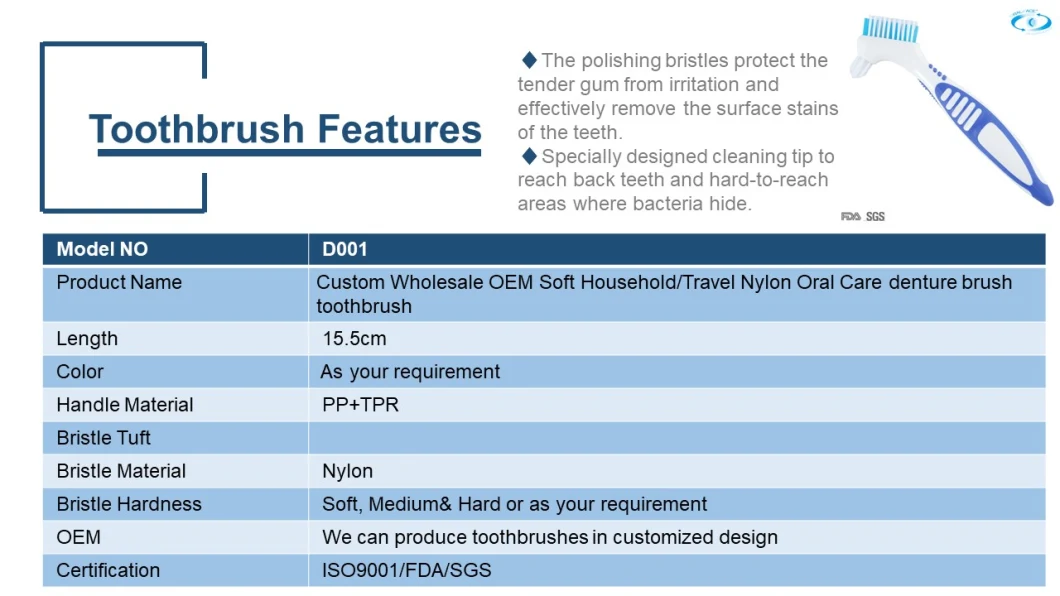 ISO FDA Approval Supplier for Denture Toothbrush Logo Print Available