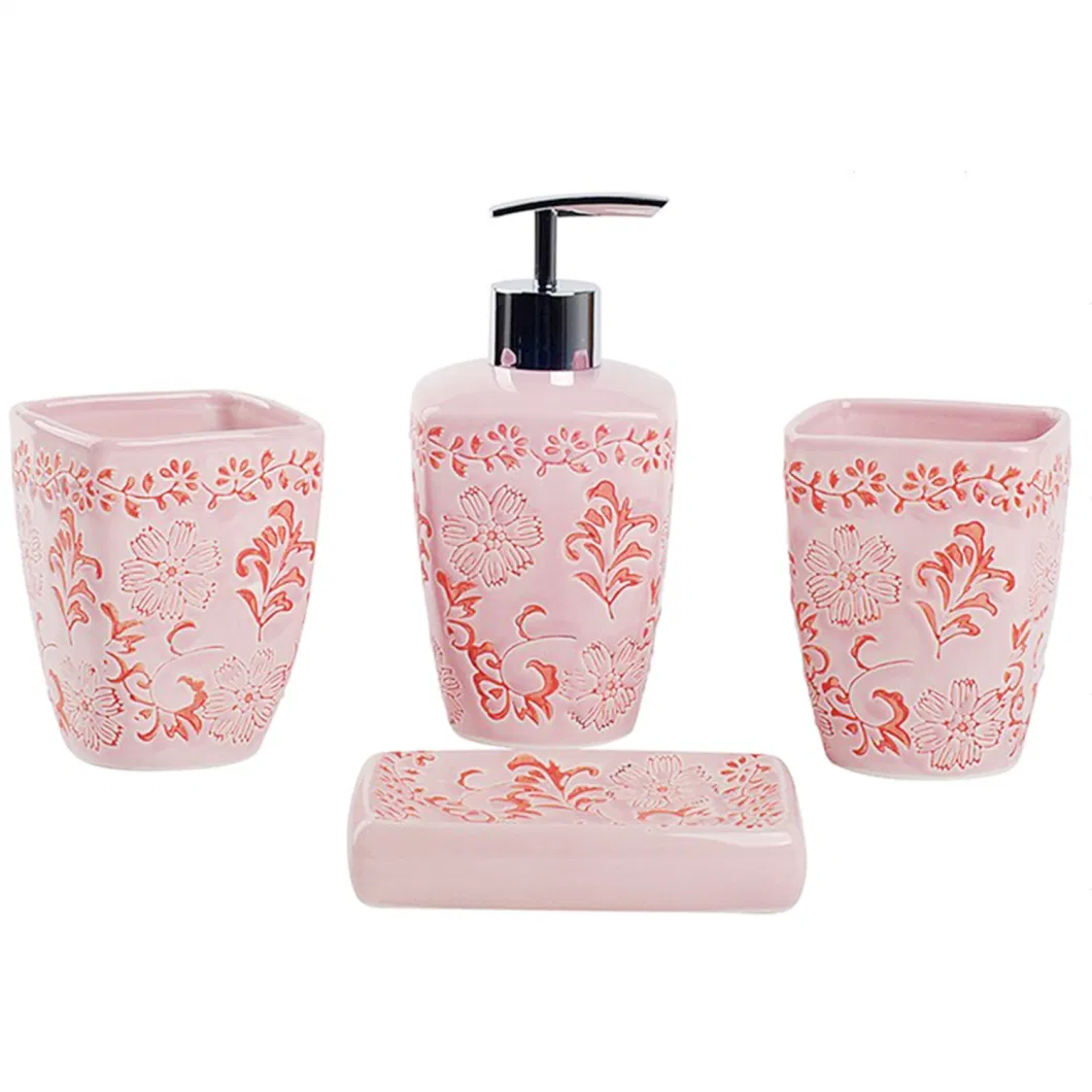 Wholesale Modern Luxury Design Hotel Home Decoration 4PCS Pink Ceramic Toothbrush Holder Gold Decor Marble Bathroom Accessory Set