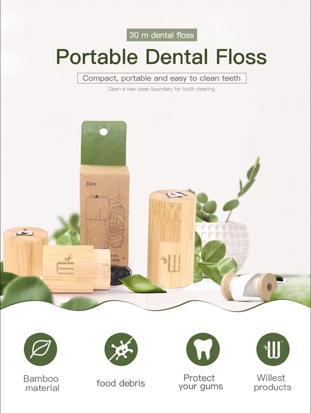 Wholesale High Quality 30m Dental Floss with Natural Bamboo Tube