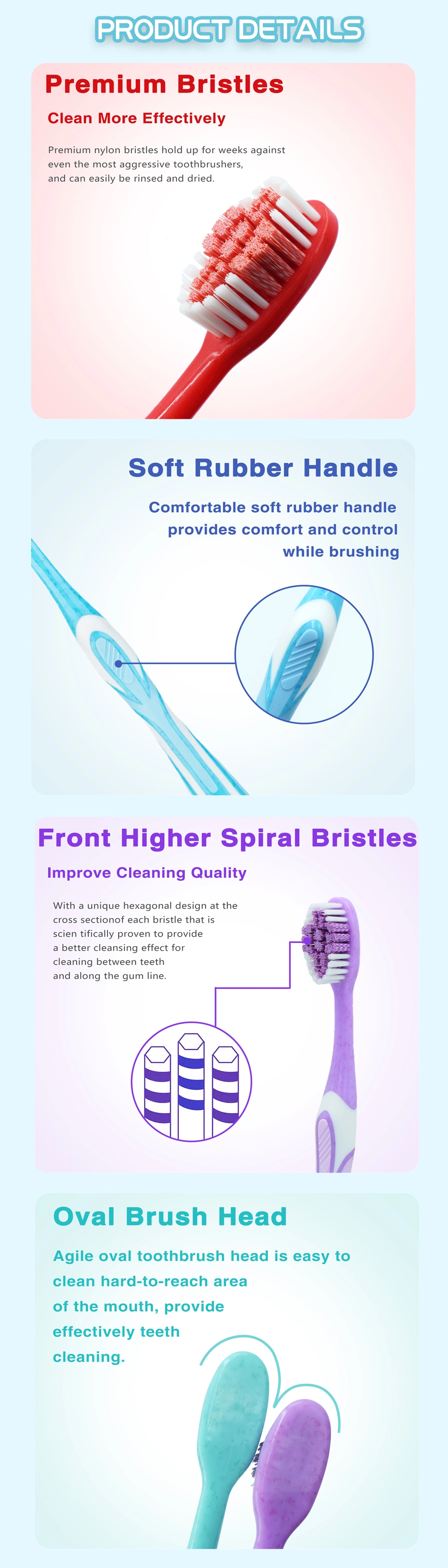 Free Sample Spiral Bristles Non-Slip Handle Adult Soft Toothbrush