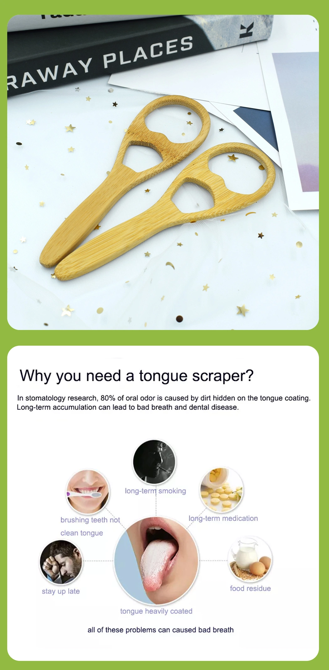 OEM 100% Completely Biodegradable Bamboo Tongue Cleaner Scraper