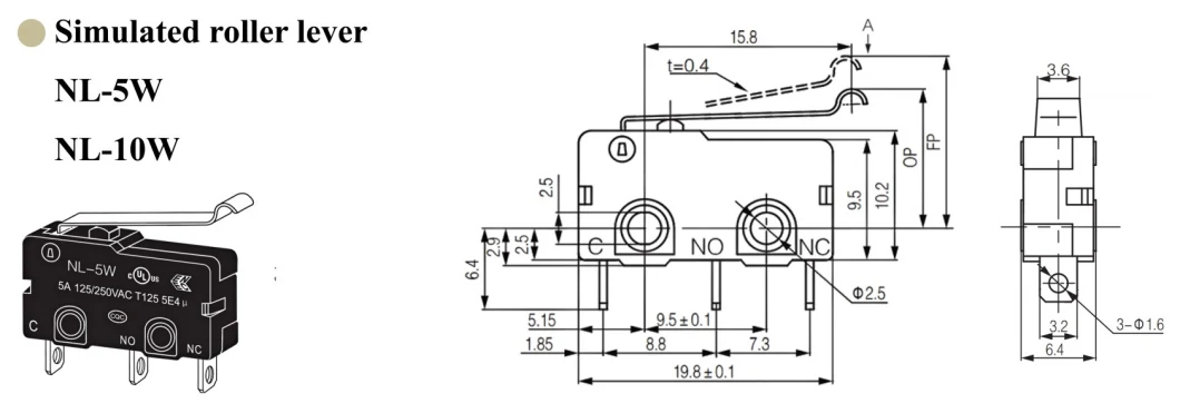 Simulated roller lever microswitch NL-5W 10W SPDT