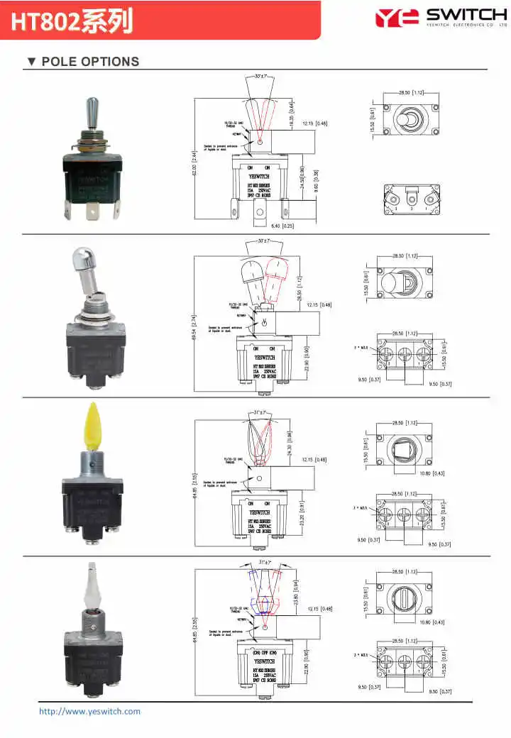 Ht802 Series IP68 Waterproof 15A 28VDC Single/Double Pole Spdt Dpdt Toggle Switch on-on/on-off-on Lock Momentary for Automotive and Aerospace Toggle Switch