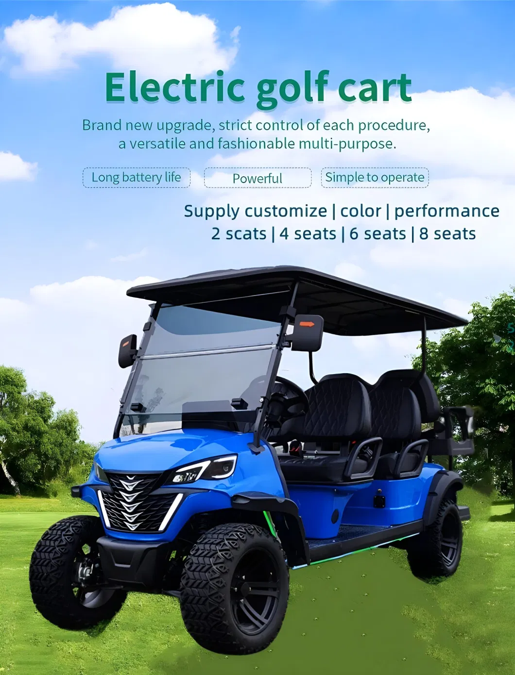 New Lifted 5, 6, 7kw Motor 100/120km Mileage Lead Acid/Lithium Battery 48V/60V/72V 2, 4, 6, 8, 10 Seats/12/14inches Tyre Hunting Golf Cart