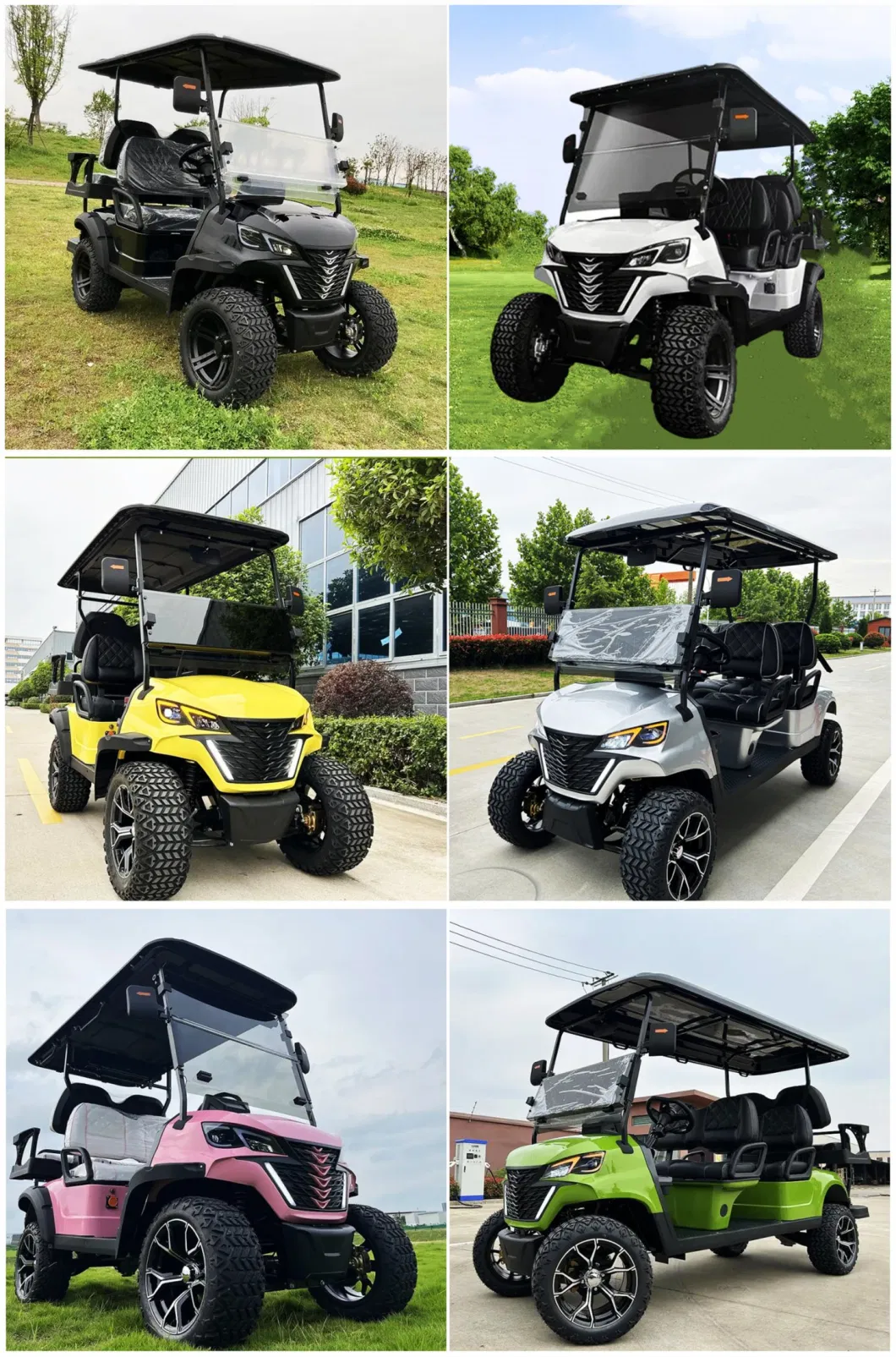 New Lifted 5, 6, 7kw Motor 100/120km Mileage Lead Acid/Lithium Battery 48V/60V/72V 2, 4, 6, 8, 10 Seats/12/14inches Tyre Hunting Golf Cart