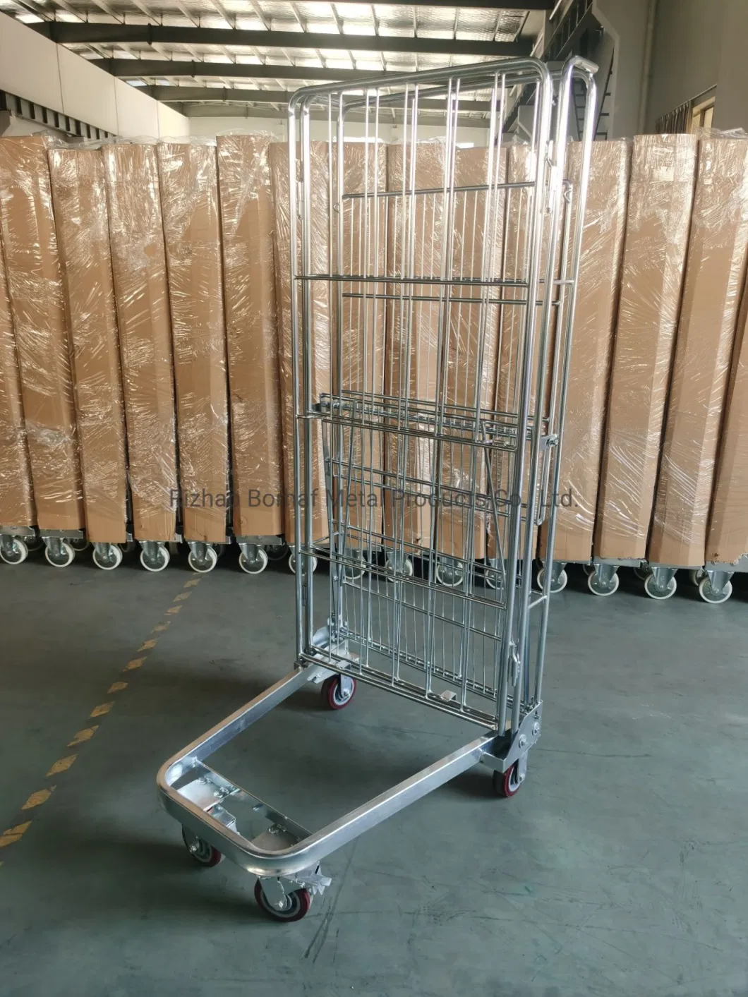 Factory Custom Light Metal Wire Mesh Steel Foldable Warehouse Roll Container Supermarket Storage Cage Trolley