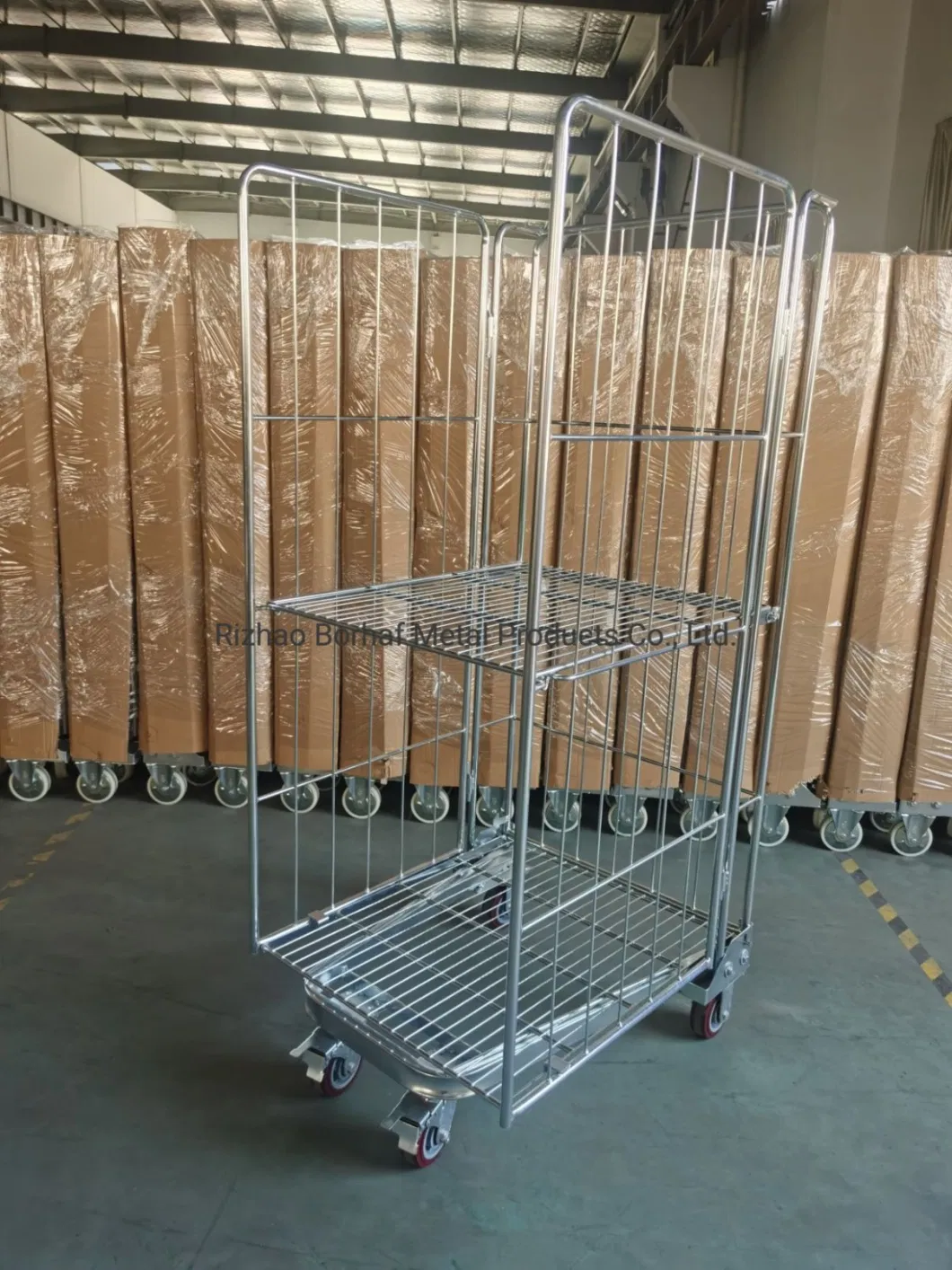 Factory Custom Light Metal Wire Mesh Steel Foldable Warehouse Roll Container Supermarket Storage Cage Trolley