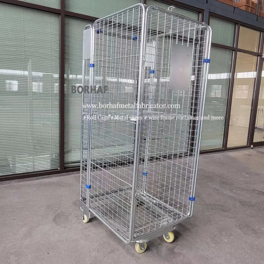 Factory Custom Light Metal Wire Mesh Steel Foldable Warehouse Roll Container Supermarket Storage Cage Trolley