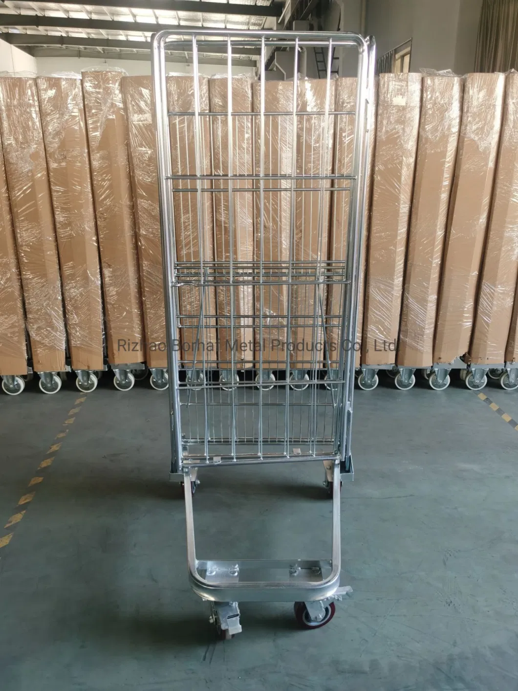 Factory Custom Light Metal Wire Mesh Steel Foldable Warehouse Roll Container Supermarket Storage Cage Trolley