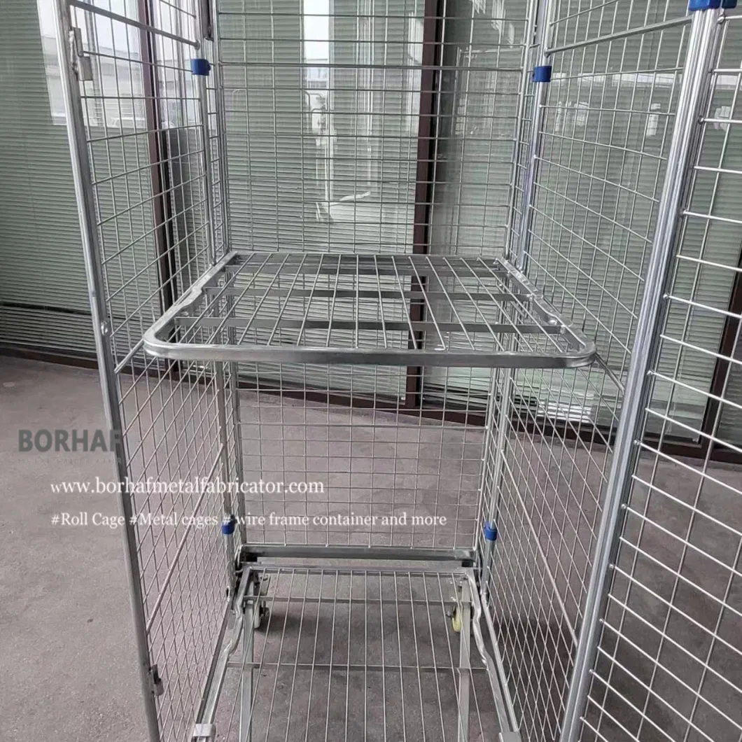 Factory Custom Light Metal Wire Mesh Steel Foldable Warehouse Roll Container Supermarket Storage Cage Trolley