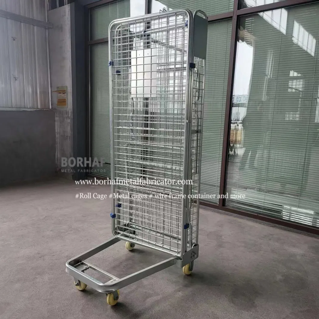 Factory Custom Light Metal Wire Mesh Steel Foldable Warehouse Roll Container Supermarket Storage Cage Trolley