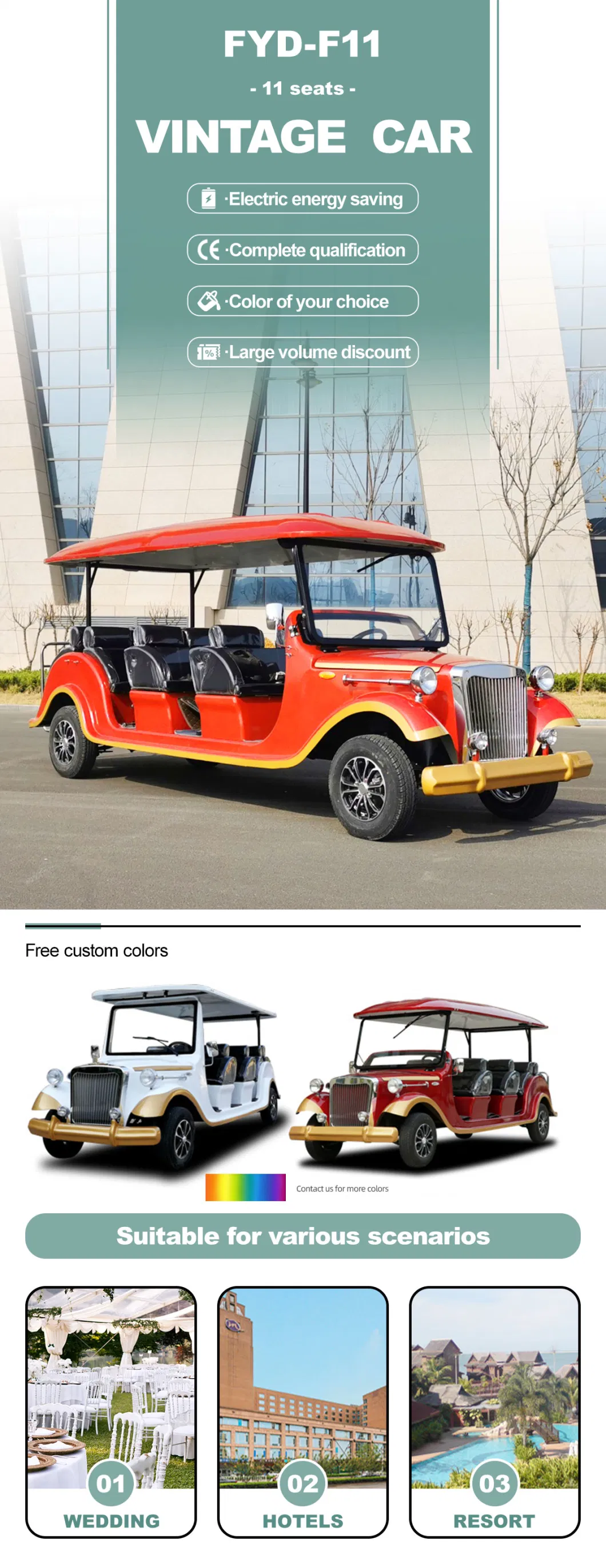 Top Quality Electric Antique Car 4kw AC Motor 80-100km Range Vintage Classic Tourist Buggy Cars