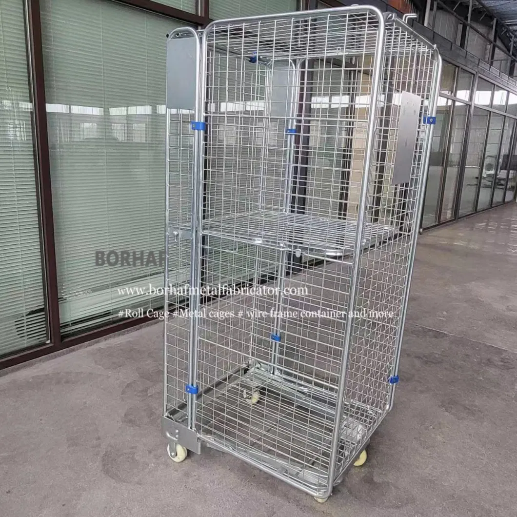 Factory Custom Light Metal Wire Mesh Steel Foldable Warehouse Roll Container Supermarket Storage Cage Trolley