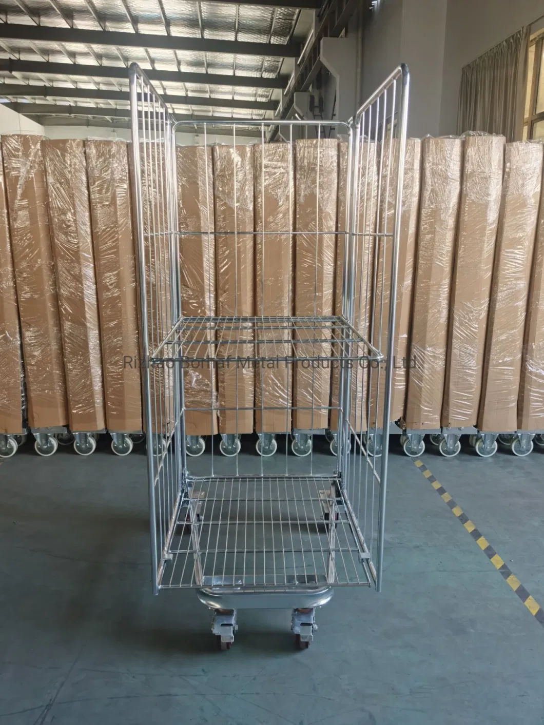 Factory Custom Light Metal Wire Mesh Steel Foldable Warehouse Roll Container Supermarket Storage Cage Trolley