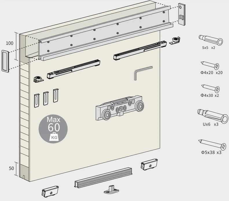 Invisible Soft Close Zinc Alloy Hanging Roller Concealed Sliding System for Wood Doors