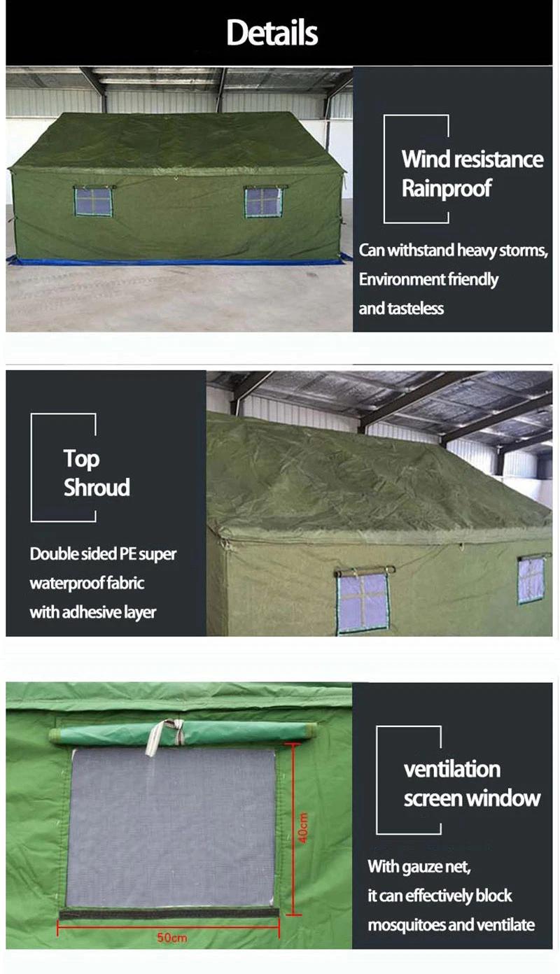 China Emergency Tents Military Style Good Air Permeability Big Space Anti-Tear High Quality Novel Structure 28 Person Tents Solid Colours Tent