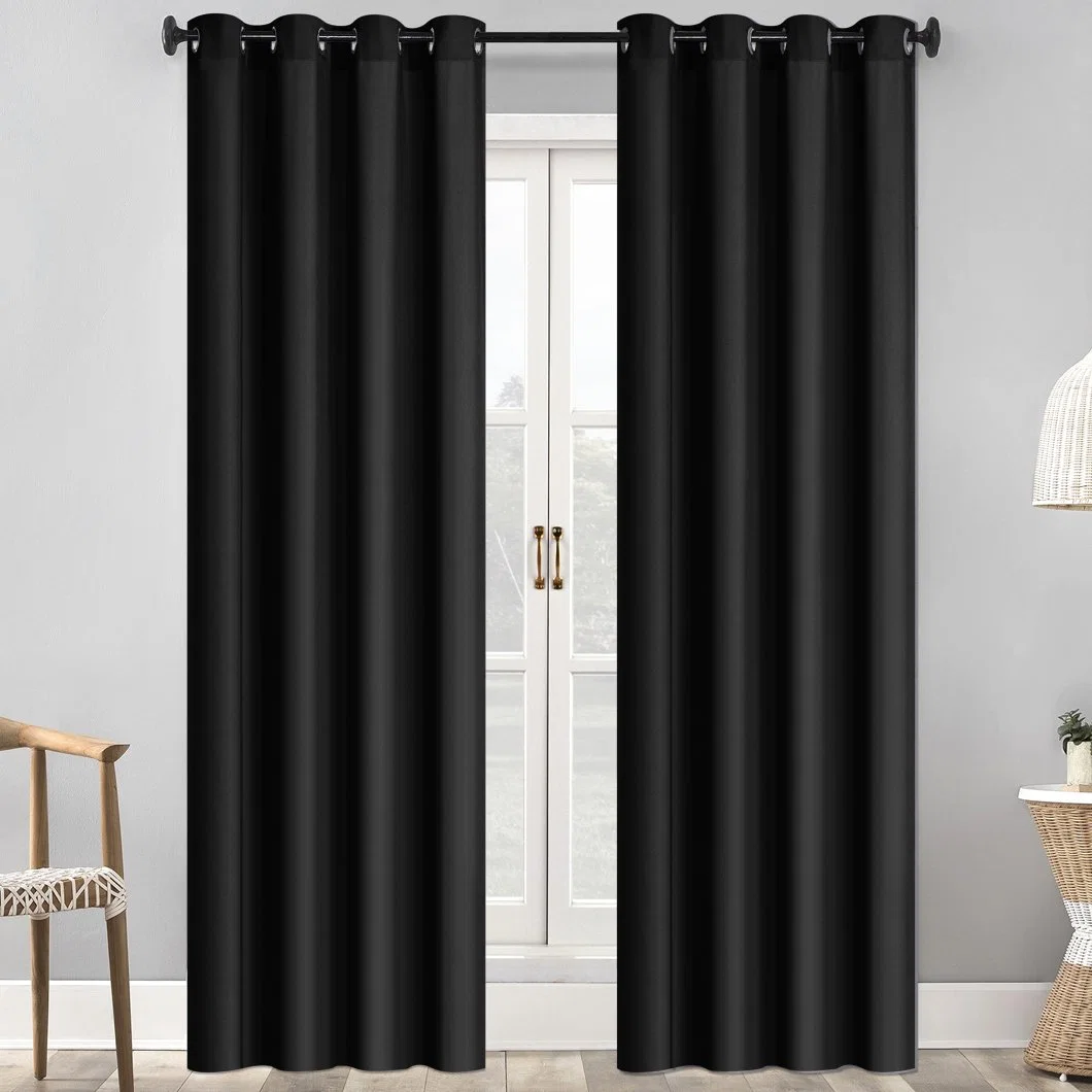 Oeko Tex100 Polyester European Style Black Oxford Fabric Window Curtain Flat Window PVC Bag Inside Grommet for Living Room Rope