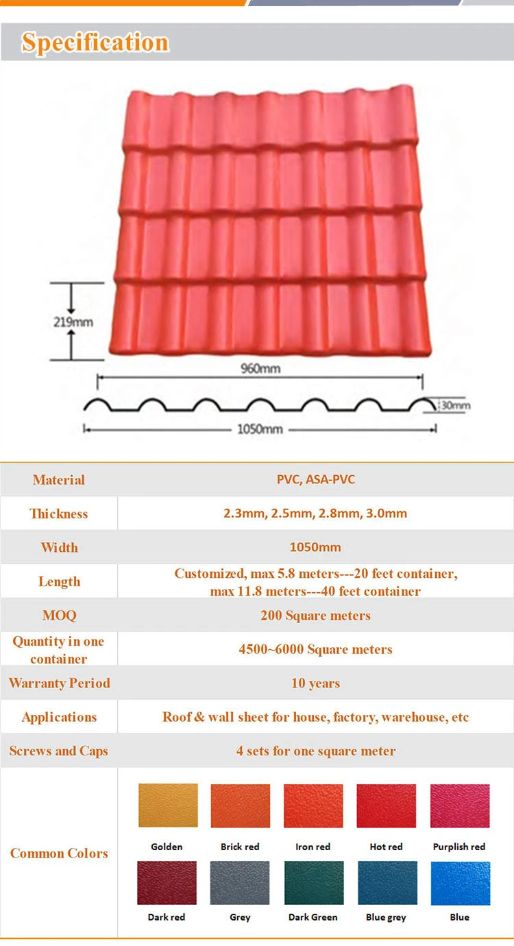 Insulation Resistance Spanish PVC Roof Tile Prices ASA UPVC Plastic Roofing Sheet for House