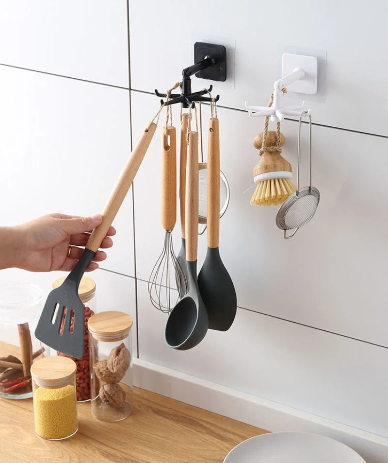 Multi-Functional Hole Free Kitchen Bathroom Rotatable 6 Claw Wall Door Hook