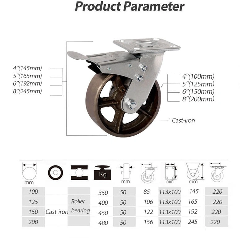 6 Inch 8 Inch Heavy Duty Cast Iron Wheel Swivel Caster with Brake