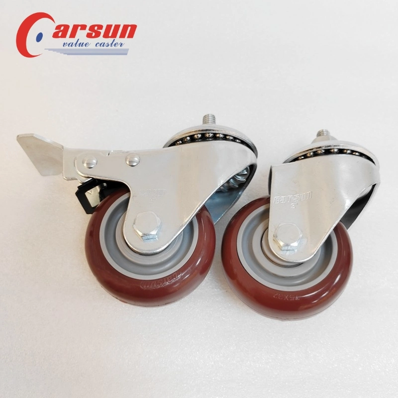 Medium Industrial Casters Threaded Stem Casters 3 Inch Red Polyurethane Wheel Casters