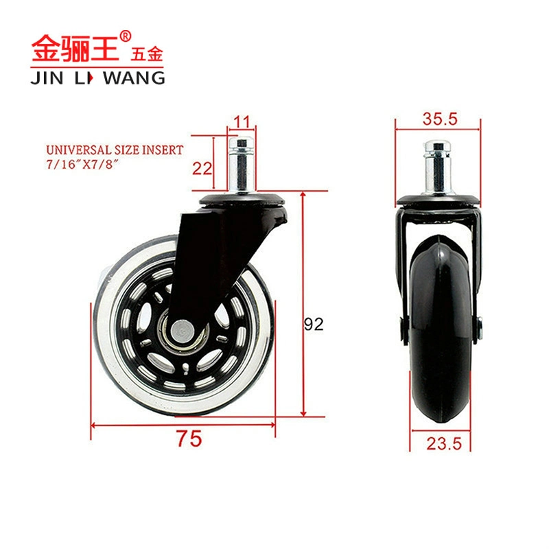 Hot Models 3 Inch 11X22m Rubber Replacement Castors Wheels PU Rollerblade Furniture Office Chair Threaded Stem Caster Wheel