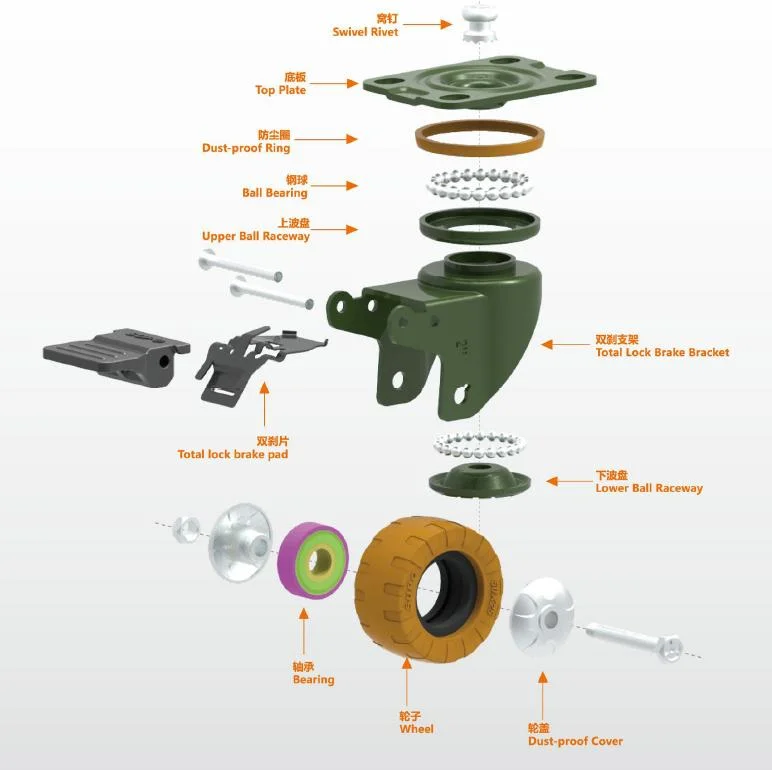 Swivel Top Plate Industrial Caster Wheels with Side Lock Brake for Trolley Logistics Handling