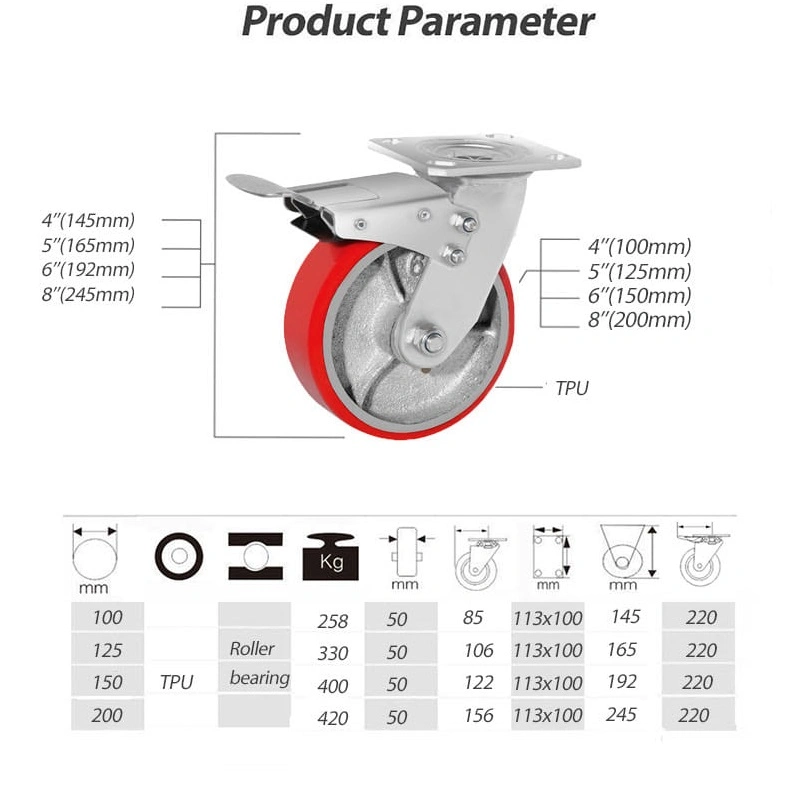 4 5 6 8 Inch Heavy Duty PU Iron Core Casters Swivel Wheel with Dual Brake