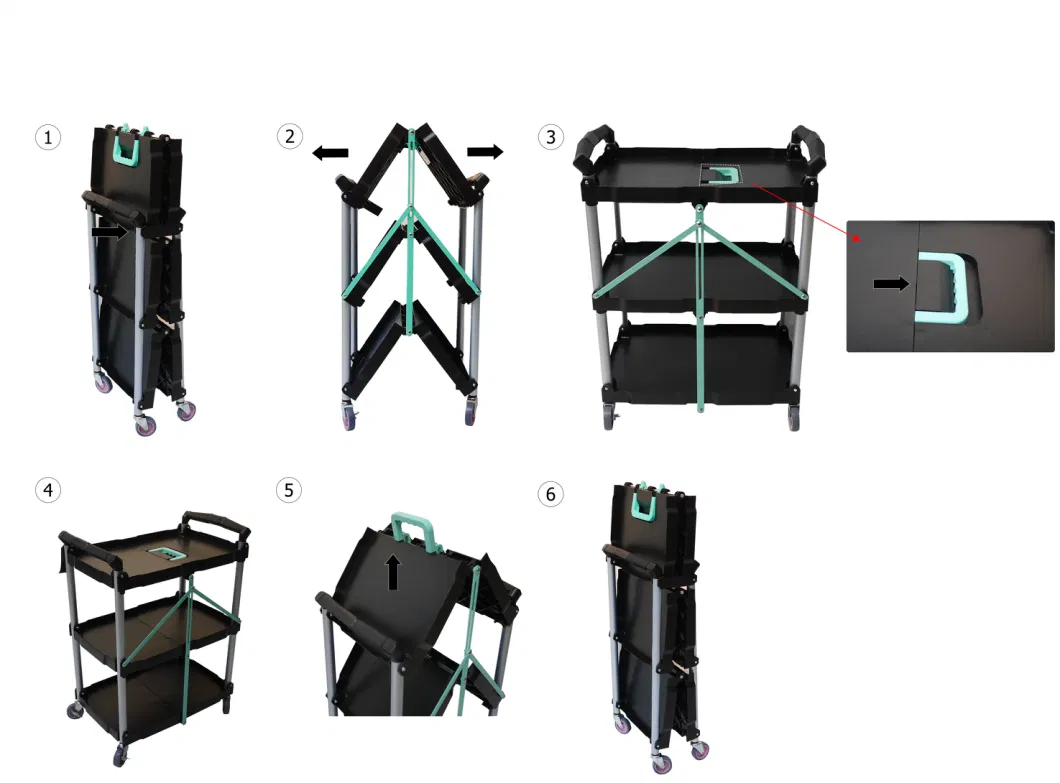 Foldable Service Trolley Lab Heavy Load Tool Cart 3 Shelf