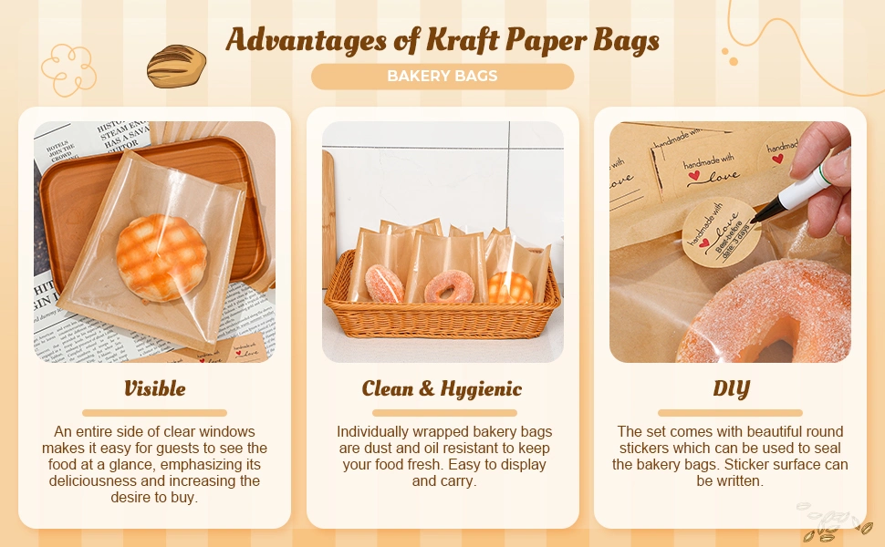 Degradable Food Oil Proof Bakery Toast Packaging Custom Kraft Paper Bread Bag