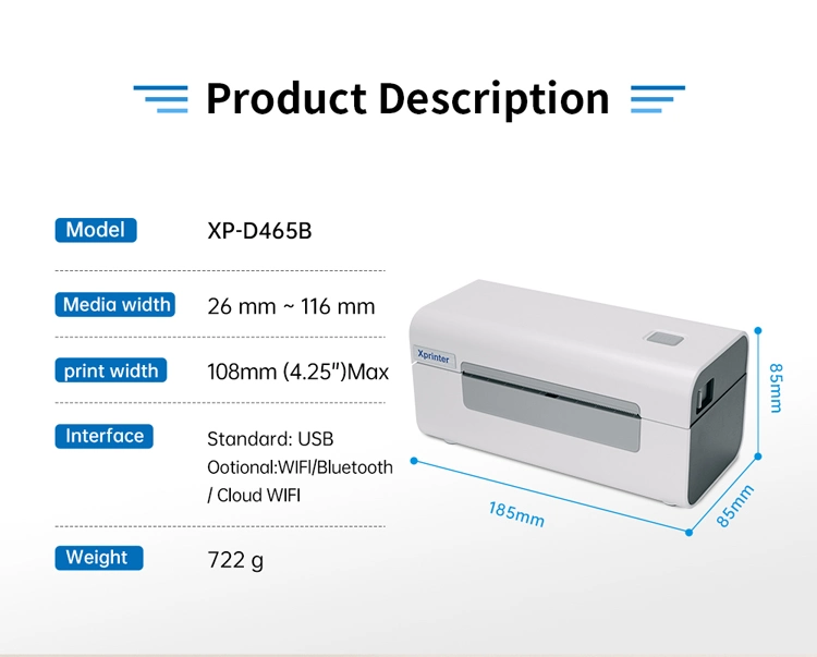 Xprinter XP-D465B Factory 4 Inch Label Printer Mini Bluetooth Printer Thermal Label Printer