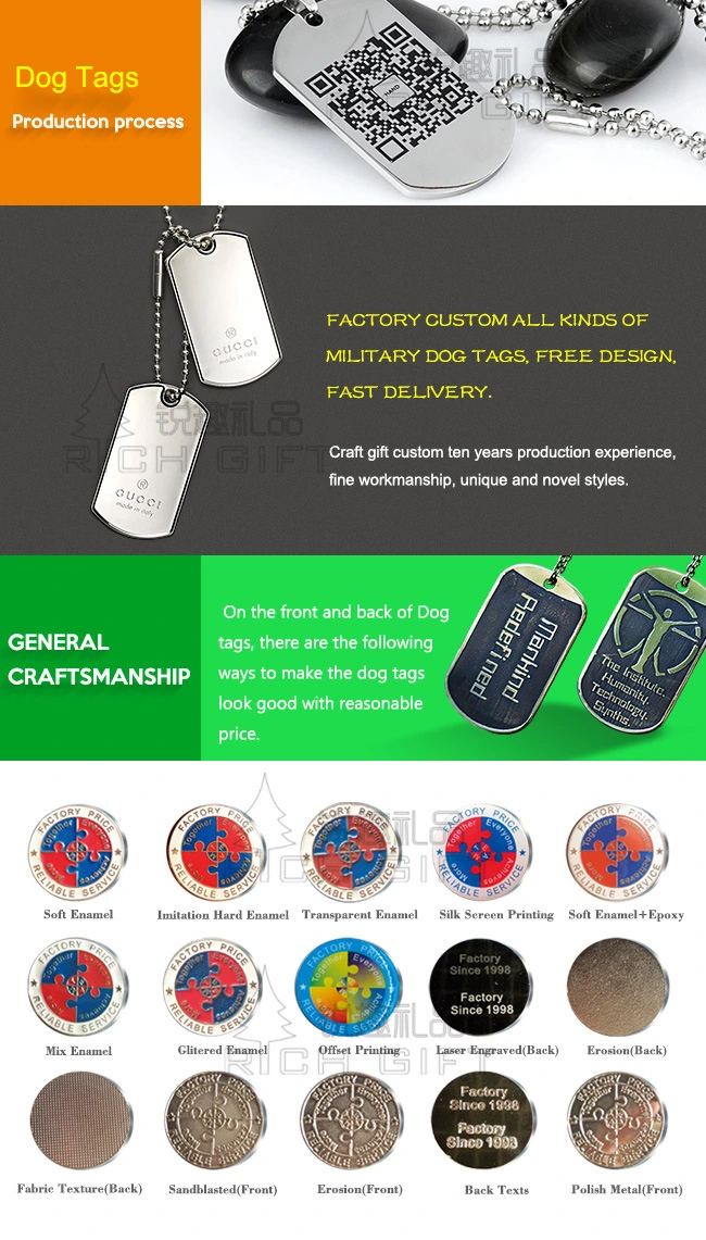 Promotional Gift China Manufacturer Custom Stainless Steel Name ID Metal Iron Stamped Printing USA Country Flag Army Logo Camouflage Military Dog Tag with Chain