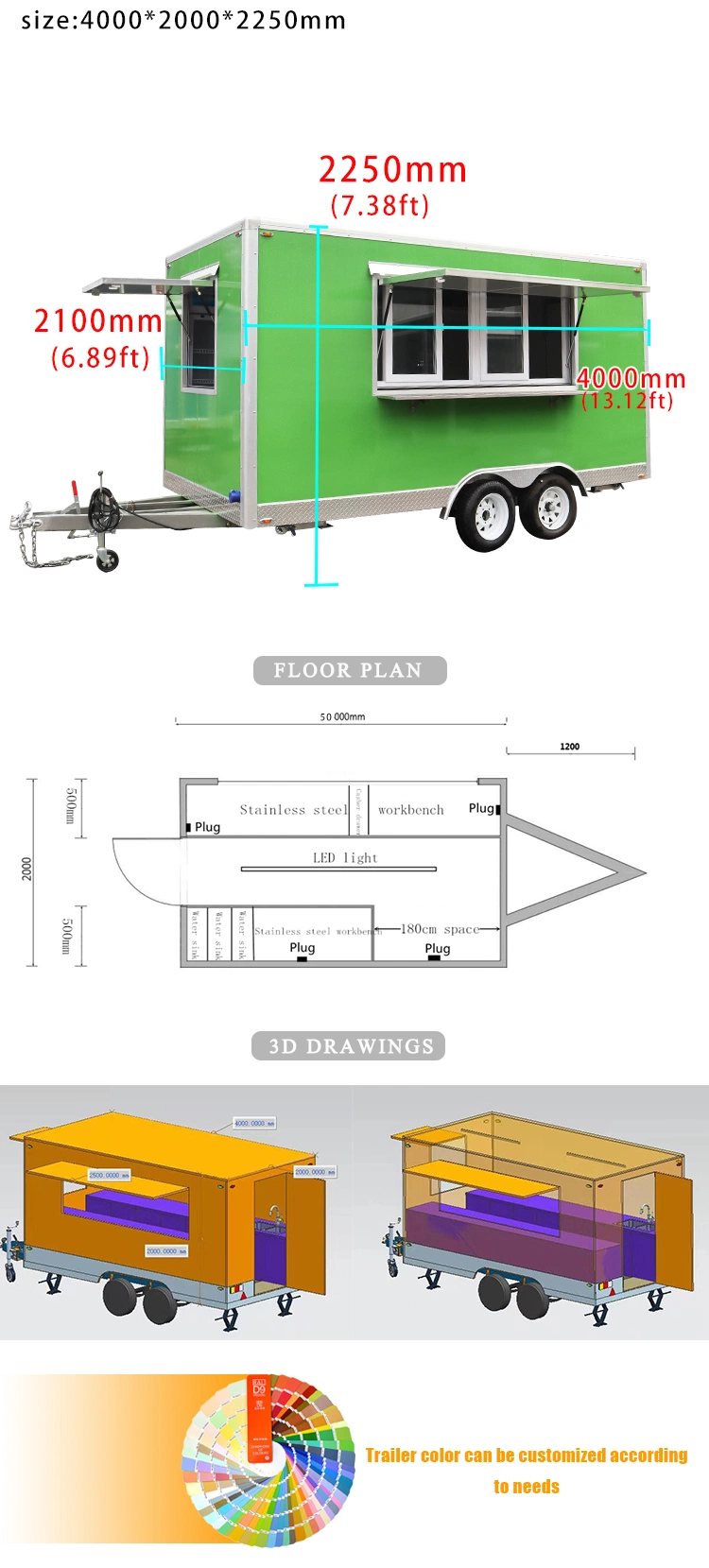 New Product 10% off Mobile Fast Catering Concession Vending Snack Kitchen Food Trailer with Fully Equipments Cheap Price Food Dog Cart Kiosk Stainless Steel