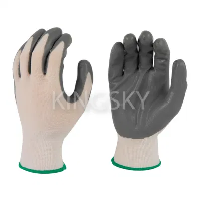  Rivestimento in poliestere 13G antiscivolo resistente all&prime;olio, rivestimento in nitrile grigio Guanti in nitrile per palmo e dita