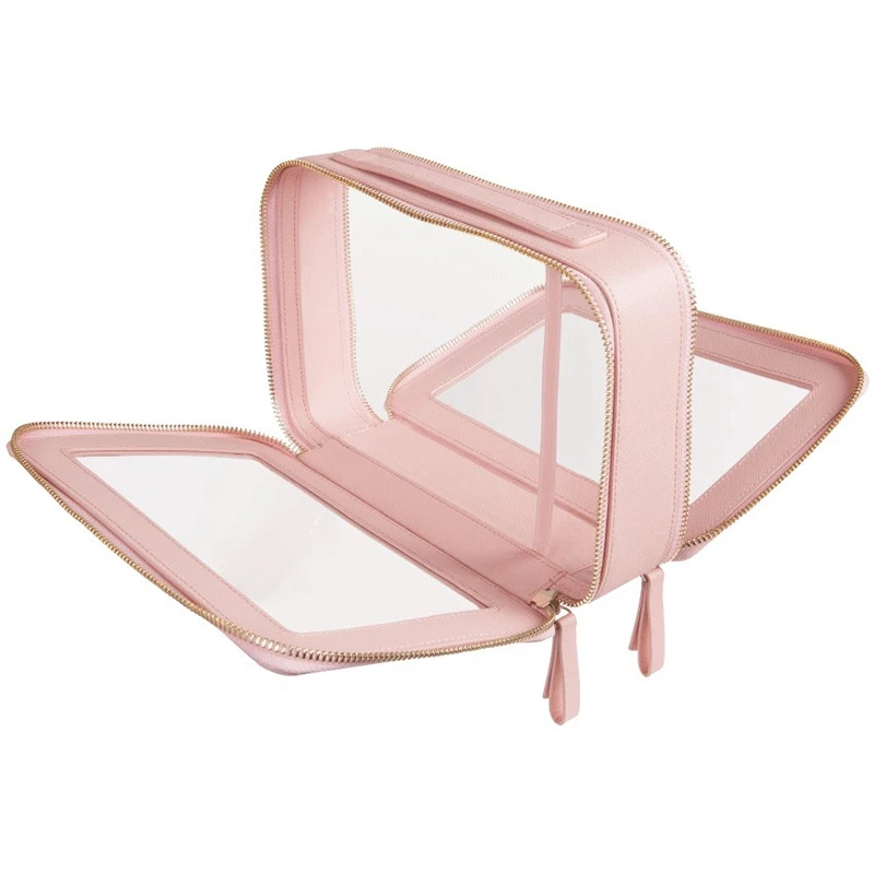 BSCI ISO Makeup Case Transparent Toiletries Pouch Clear Luxury PVC Cosmetic Leather Makeup Bag with Zipper