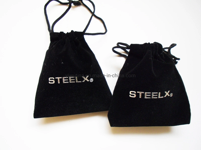 Luxurious Black Velvet Jewelry and Cosmetic Packaging Bag with Hot Foil Silver Logo