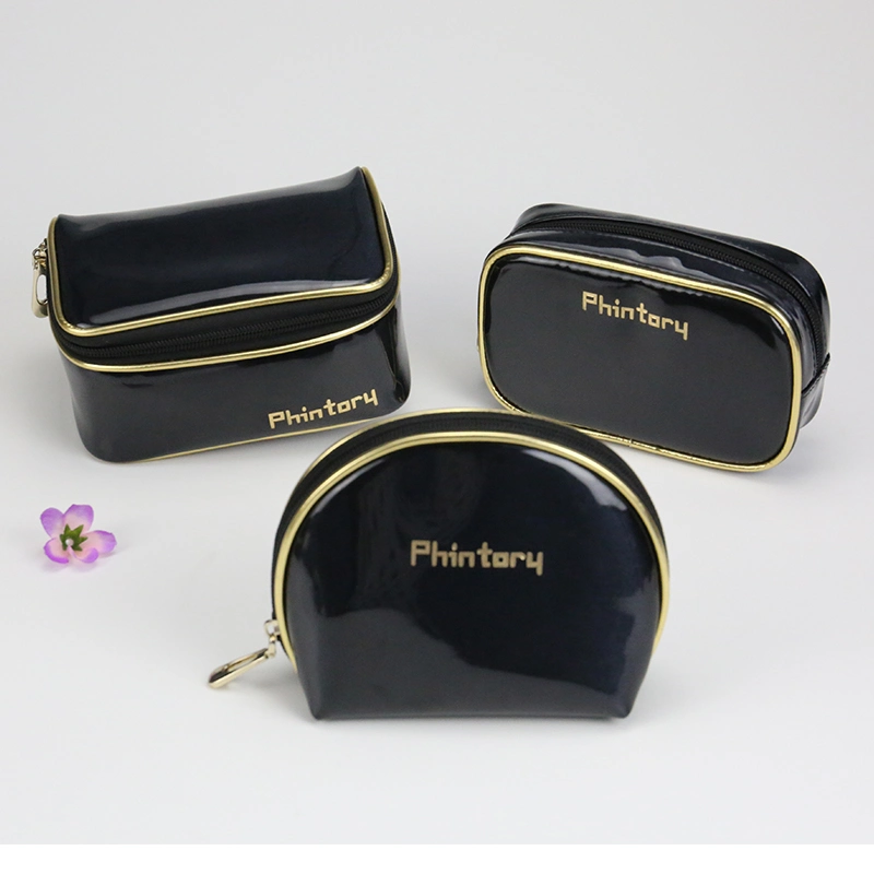 Wholesale Luxury Black Shiny PU Toiletry Cosmetic Bag Travel Bag