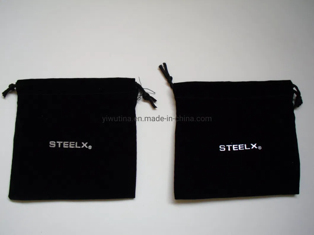 Luxurious Black Velvet Jewelry and Cosmetic Packaging Bag with Hot Foil Silver Logo