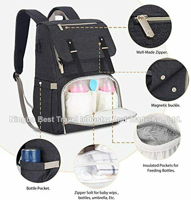 Fashion Mommy Backpack Handbag Waterproof Nappy Bag Hospital Baby Nursing Stroller Diaper Bag with USB Milk Bottle Warmer