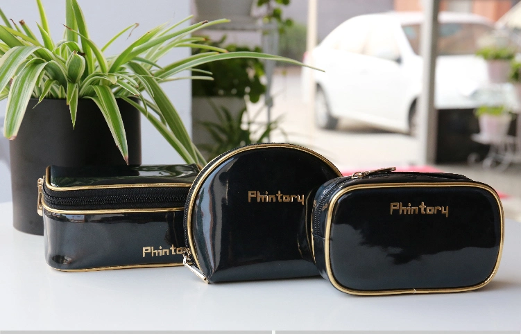 Wholesale Luxury Black Shiny PU Toiletry Cosmetic Bag Travel Bag